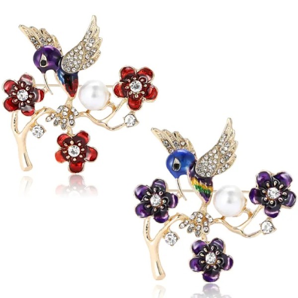 broche colibri liora avec fleurs et perle