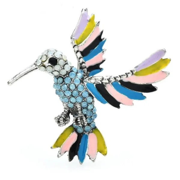 broche oiseau bleu ayla avec strass et ailes colorées