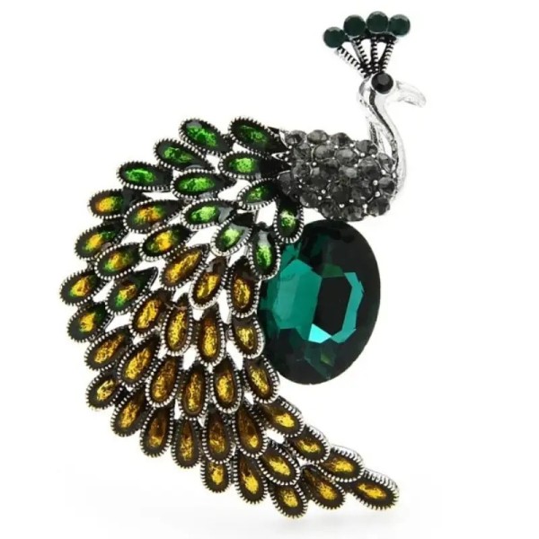 broche paon saba avec strass vert