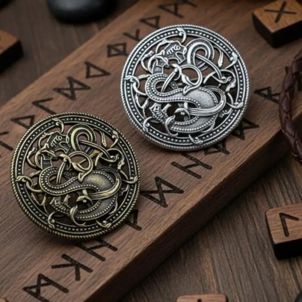 broche viking jormung argentée et bronze