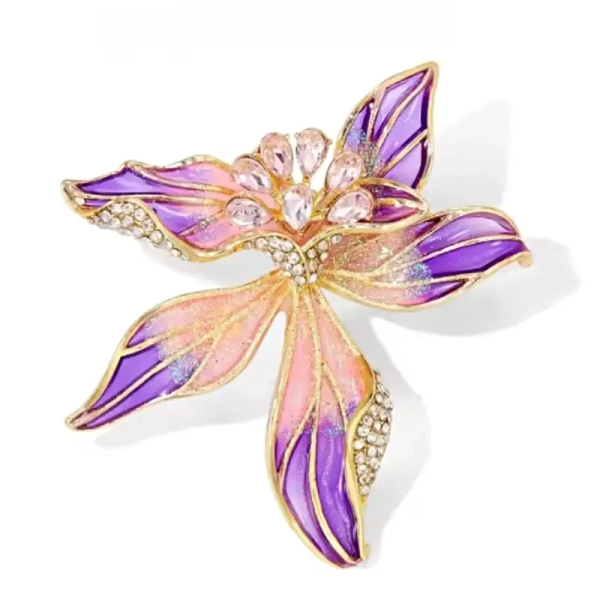 Broche fantaisie en forme d'orchidée rose et violette modèle Yuna avec finition pailletée