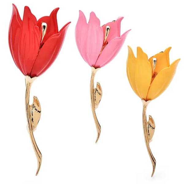 Broche fleur forme tulipe sur tige dorée disponible en trois coloris brillants modèle Julia