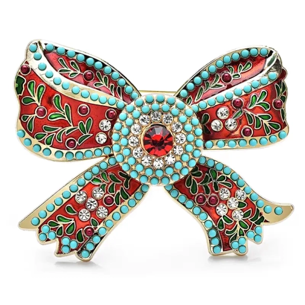 Broche fantaisie forme nœud rouge émaillé avec perles turquoise style russe modèle Katia