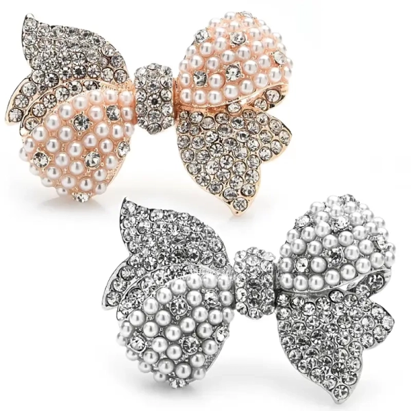 Broche fantaisie forme nœud papillon pavé de perles nacrées et strass modèle Nina
