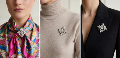 différentes façons de porter une broche sur foulard, pull et veste